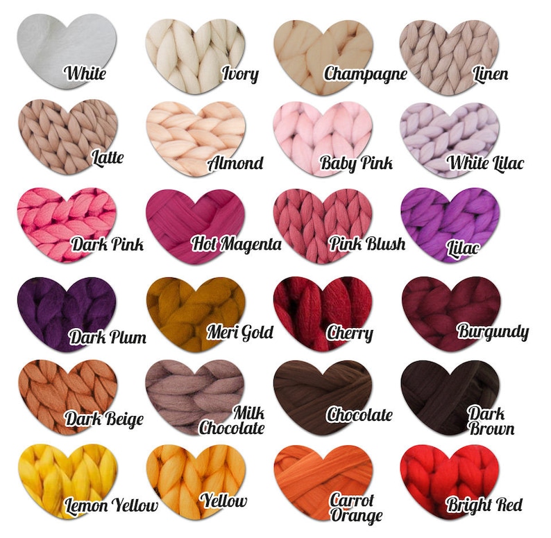 May include: A color chart featuring 20 heart-shaped swatches of chunky knit yarn. Colors include white, ivory, champagne, linen, latte, almond, baby pink, white lilac, dark pink, hot magenta, pink blush, lilac, dark plum, meri gold, cherry, burgundy, dark beige, milk chocolate, chocolate, dark brown, lemon yellow, yellow, carrot orange, and bright red.