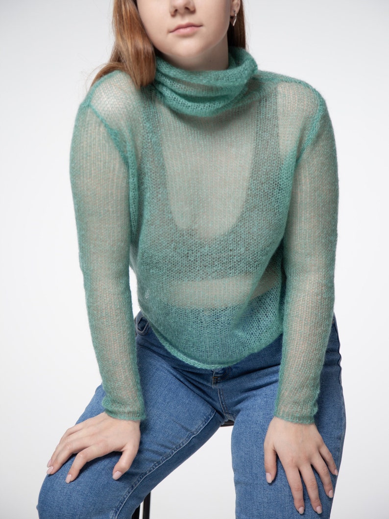 Turtleneck Mohair Silk Sweater, Hand knit women sweater, dressy sweater, Light soft turtleneck, Tight fit Black turtleneck, Light sweater image 10