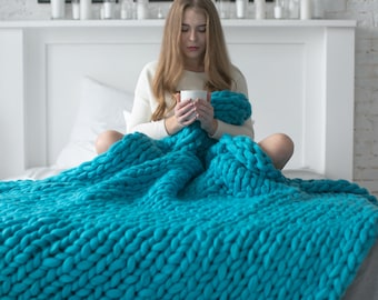 Chunky knitted blanket throw, Gift for her, Giant afghan blanket, Wool Giant Blanket, Bulky Knit, Chunky Knit, Lap blanket, christmas Gift