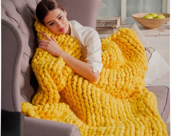 Lemon Yellow Chunky Knit Merino Wool Blanket, Bulky Throw
