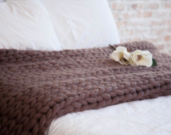 Handmade Chunky Blanket, 100% wool, Bulky throw, Gift for her, Christmas gift, Chunky knit, Handmade blanket, Chunky knit, Milk Chocolate