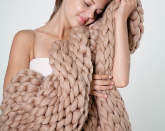 Handmade Chunky Knit Merino Wool Blanket, Latte Beige