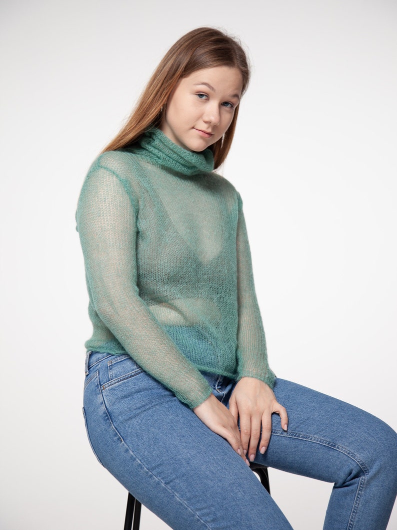 Turtleneck Mohair Silk Sweater, Hand knit women sweater, dressy sweater, Light soft turtleneck, Tight fit Black turtleneck, Light sweater image 1