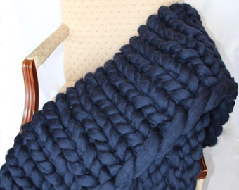 Super Chunky Merino Wool Knit Blanket, Bulky Throw