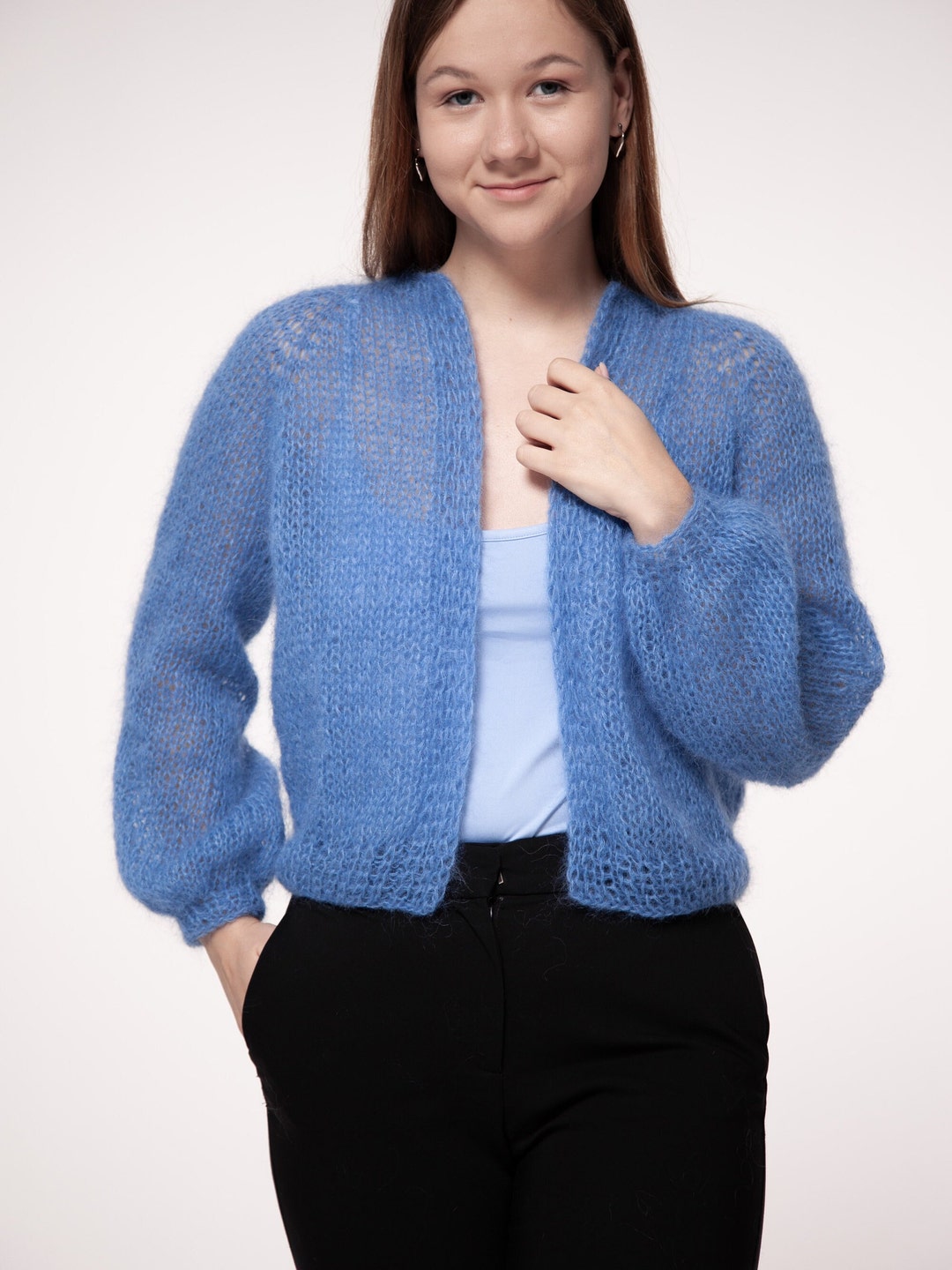 Hand Knit Cropped Silk Mohair Cardigan, Bomber Jacket, Raglan Balloon