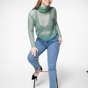 Turtleneck Mohair Silk Sweater, Hand knit women sweater, dressy sweater, Light soft turtleneck, Tight fit Black turtleneck, Light sweater image 5