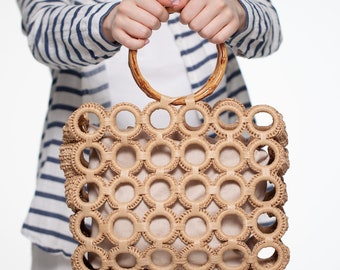 Crochet Raffia Tote Bag with Wooden Handles, Eco-Friendly