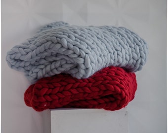 Hand Knitted Merino Wool Chunky Blanket, Oversized Knit Throw