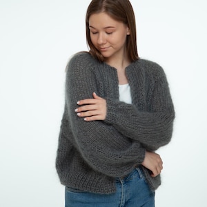 Hand Made Mohair Cardigan, Mohair Bomber Jacket, Raglan Balloon Sleeves, Loose Knit Mohair, Open Front Cardigan, Casual Cardigan, Sweater