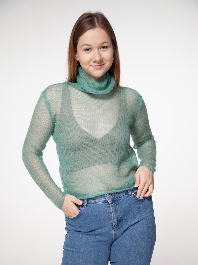 Turtleneck Mohair Silk Sweater, Hand knit women sweater, dressy sweater, Light soft turtleneck, Tight fit Black turtleneck, Light sweater image 3