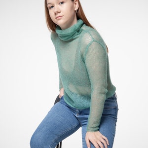 Turtleneck Mohair Silk Sweater, Hand knit women sweater, dressy sweater, Light soft turtleneck, Tight fit Black turtleneck, Light sweater image 9