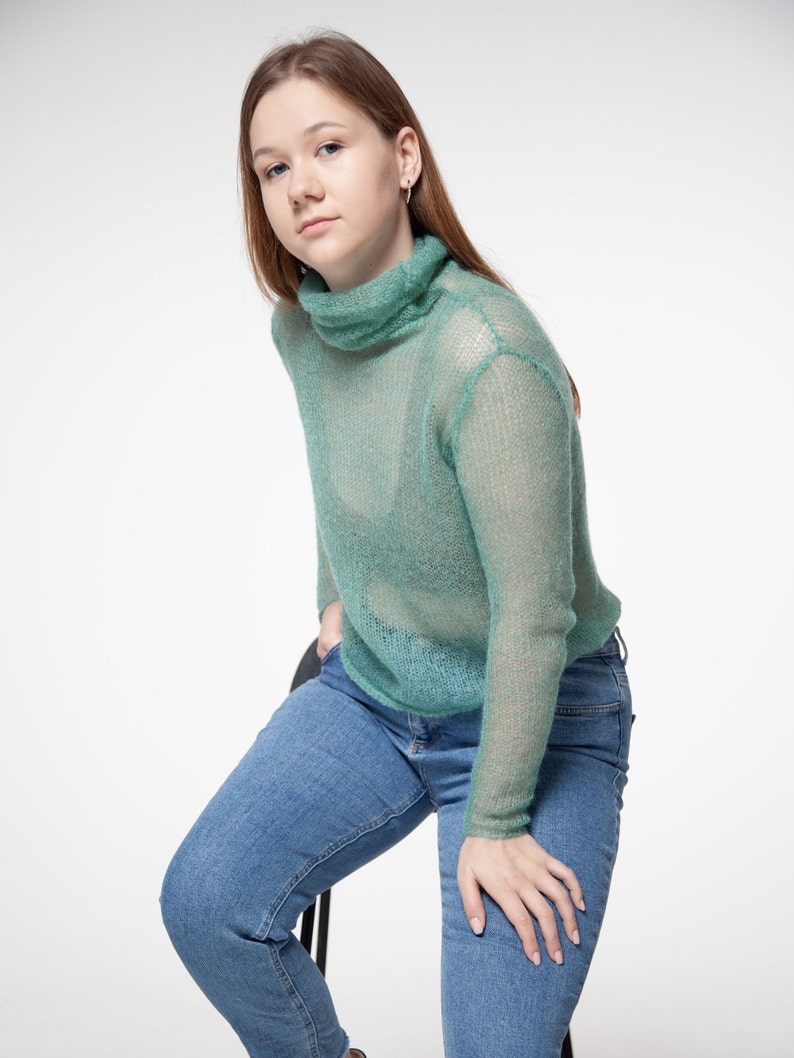 Turtleneck Mohair Silk Sweater, Hand knit women sweater, dressy sweater, Light soft turtleneck, Tight fit Black turtleneck, Light sweater image 9