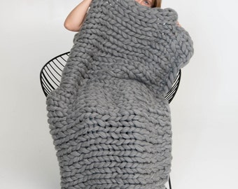 Handmade Chunky Knit Merino Wool Blanket, Bulky Knit Throw