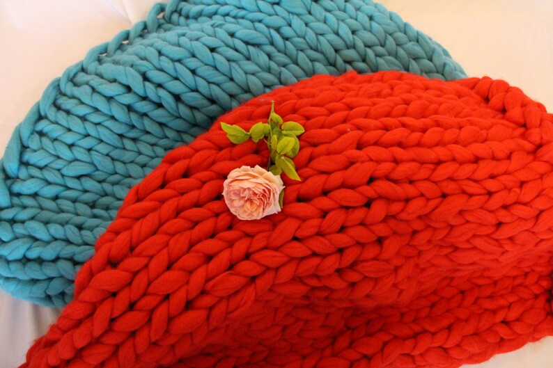 Chunky Knit Blanket Queen Size Throw Wool Yarn Hand Knitted Etsy