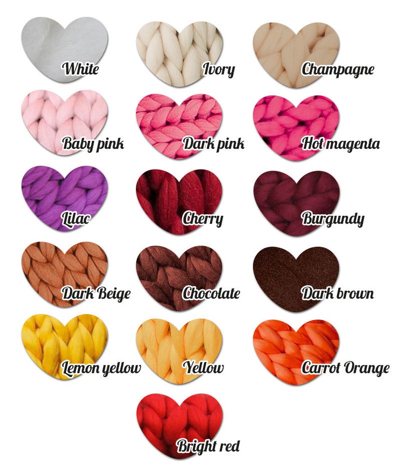 May include: A collection of heart-shaped swatches of chunky knit yarn in various colors, including white, ivory, pink, red, yellow, and brown. Each swatch has a color name written in a cursive font.