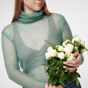 Turtleneck Mohair Silk Sweater, Hand knit women sweater, dressy sweater, Light soft turtleneck, Tight fit Black turtleneck, Light sweater image 7