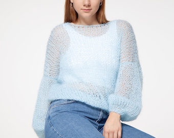 Hand Knit Mohair Balloon Sleeve Sweater, Oversized Bridal Shrug