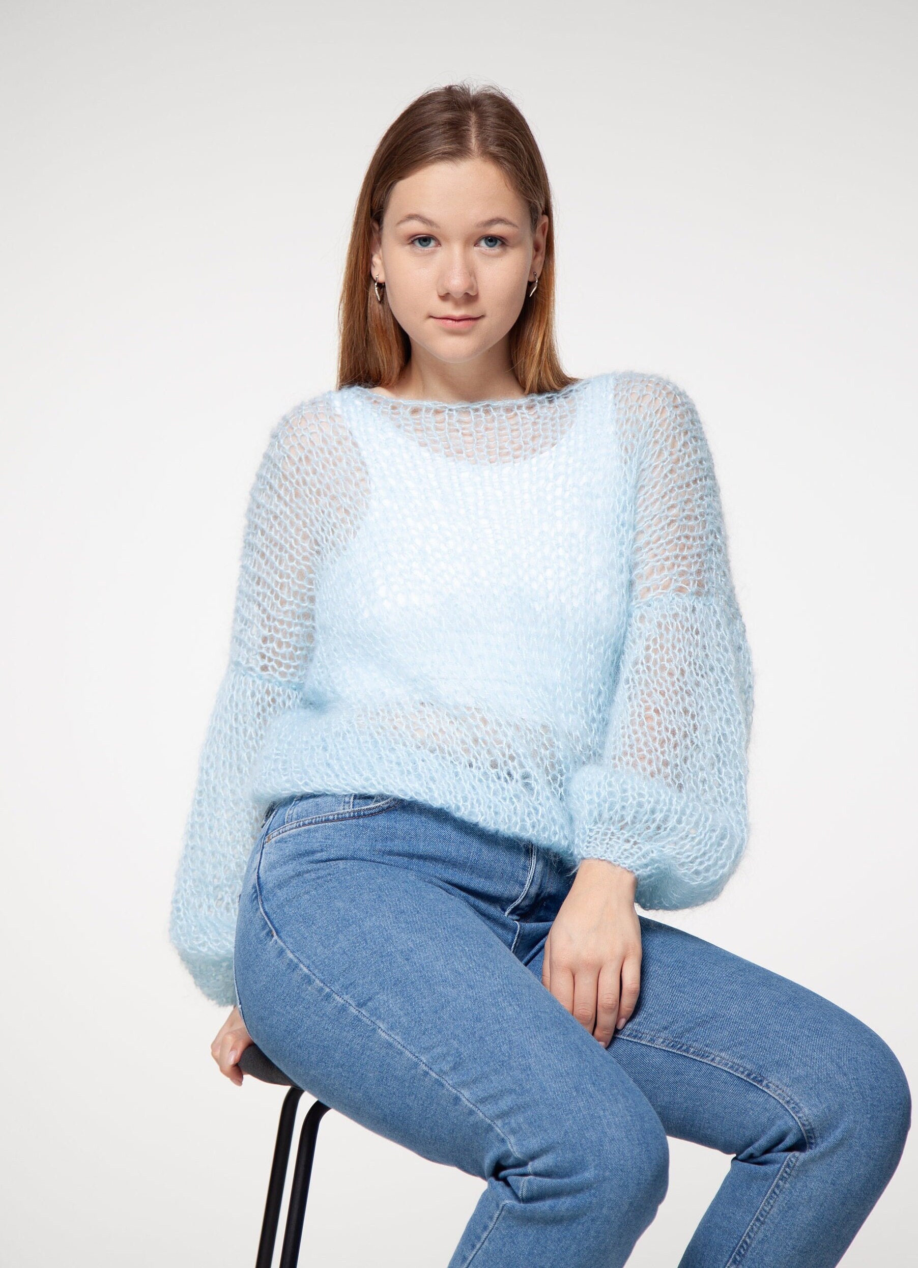 Knit Mohair Sweater, Loose Oversize Fit, Balloon Sleeve, Wedding Sweater, Light Pullover, Knitted Jumper, Bridal Shrug, Basic Simple Sweater