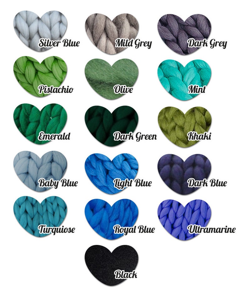 May include: A collection of heart-shaped swatches of chunky knit yarn in various colors, including silver blue, mild grey, dark grey, pistachio, olive, mint, emerald, dark green, khaki, baby blue, light blue, dark blue, turquoise, royal blue, ultramarine, and black. Each swatch has a color name.