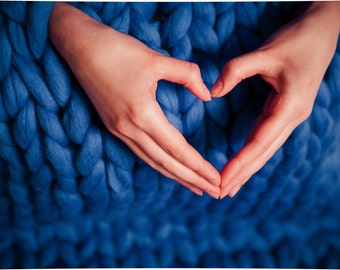 Royal Blue Chunky Knit Throw Blanket - Hand Knit Merino Wool