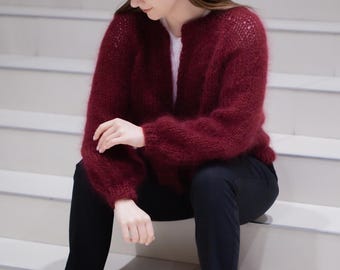 Hand Knit Mohair Cardigan: Balloon Sleeve Bridal Sweater