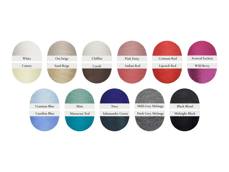 May include: A collection of yarn samples in various colors, including white, beige, pink, red, blue, green, gray, and black. Each color is labeled with its name, such as "White", "Pink Daisy", and "Navy".