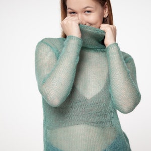 Turtleneck Mohair Silk Sweater, Hand knit women sweater, dressy sweater, Light soft turtleneck, Tight fit Black turtleneck, Light sweater image 2