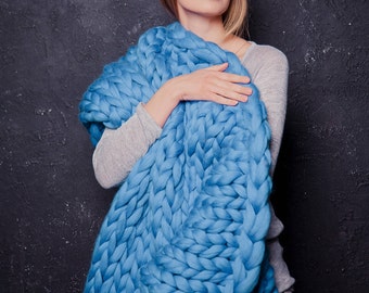 Handmade Chunky Merino Wool Knit Blanket, Bulky Blue Throw