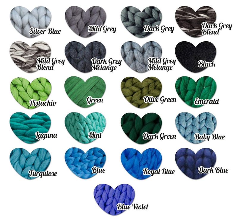May include: A colour chart showing heart-shaped swatches of chunky knit yarn in various shades. Colours include Silver Blue, Mild Grey, Dark Grey, Black, Pistachio, Green, and more. Each swatch has a colour name written below it.