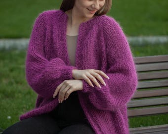 Hand Knit Mohair Cardigan, Balloon Sleeve Bridal Jacket, Chunky Cardigan, Long sweater