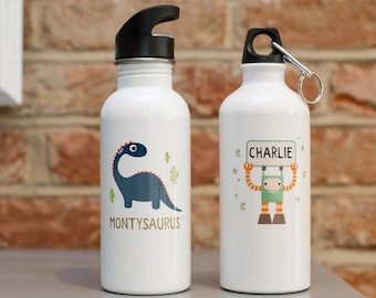 Children&#39;s Kids Boys Custom Personalised Dinosaur or Robot Aluminium Metal Water Drinking Bottle With Straw or Screw Top Lid