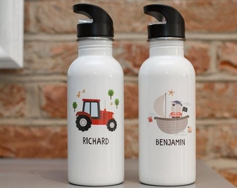 Children&#39;s Kids Boys Custom Personalised Hippo Pirate or Tractor Aluminium Metal Water Drinking Bottle With Straw or Screw Top Lid