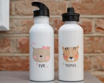 Children&#39;s Kids Custom Personalised Cute Animal Aluminium Metal Water Drinking Bottle With Straw or Screw Top Lid