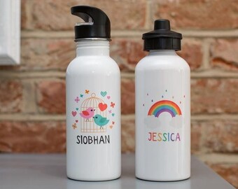 Children&#39;s Kids Girls Custom Personalised Birdcage or Rainbow Aluminium Metal Water Drinking Bottle With Straw or Screw Top Lid