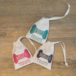 Personalised Dog Treat Gift Bag | Doggy Bone | Your Pet's Name On A Custom Drawstring Bag | Pink, Teal, Light or Dark Grey | Unique Present