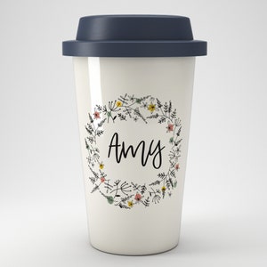 Floral Personalised Name Eco Coffee Travel Mug | Reusable Coffee Mug | Personalised Gift | Eco Friendly Gift | Present | Coffee Lover Gift