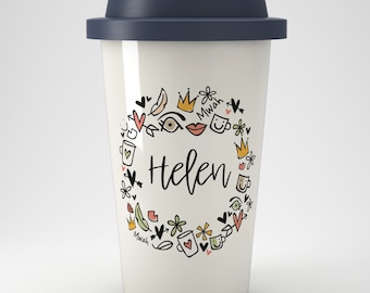 Happy Personalised Name Eco Coffee Travel Mug | Reusable Coffee Mug | Personalised Gift | Eco Friendly Gift | Present | Coffee Lover Gift