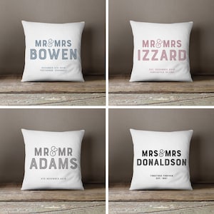 Personalised Wedding Mr & Mrs Couple Names Cushion | Wedding Gift | New House Present | Anniversary Gift | Blue, Black, Grey or Pink