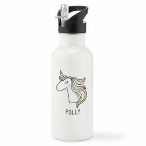 Children&#39;s Personalised Unicorn Aluminium Metal Water Drinking Bottle With Straw or Screw Top Lid | Kids Gift | Environmentally friendly