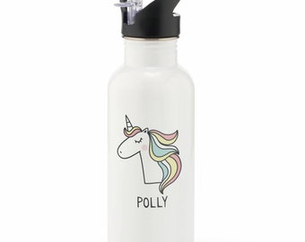Children&#39;s Personalised Unicorn Aluminium Metal Water Drinking Bottle With Straw or Screw Top Lid | Kids Gift | Environmentally friendly
