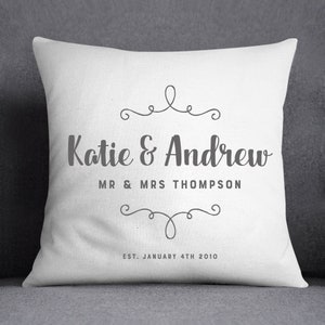 Personalised Wedding Mr & Mrs Couple Names Cushion | Wedding Gift | New House Present | Anniversary Gift | Blue, Black, Grey or Pink
