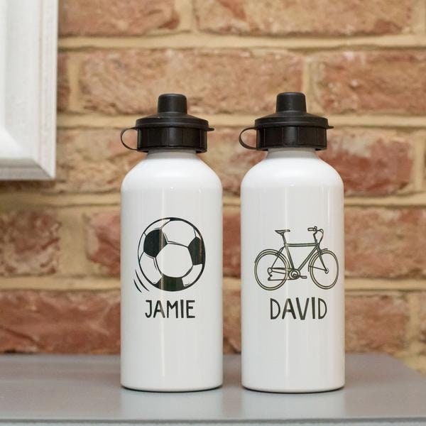 Children's Kids Custom Personalised Football or Bike Aluminium Metal Water Drinking Bottle With Straw or Screw Top Lid | Unique Present