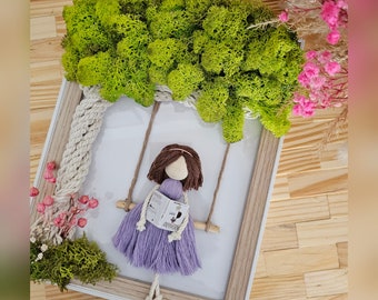 Macrame doll in a picture frame, moss picture