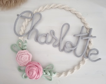 Macrame rosary, door sign, lettering, name tag, children's room, gift, baptism