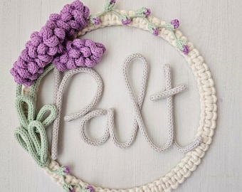 Macrame lavender wreath, door sign, lettering, name plate, children's room, gift, baptism