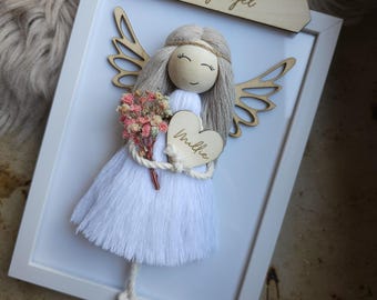 Personalized guardian angel in a frame – gift for birth, christening, first day of school, communion – handmade boho angel