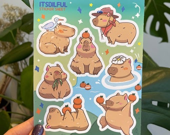 Capybara - Arkusz naklejek, Naklejki Capybara, Naklejka do dziennika, Naklejka wodoodporna, Artykuły piśmiennicze, Naklejki Kawaii, Pomarańczowy, winyl, naklejka winylowa