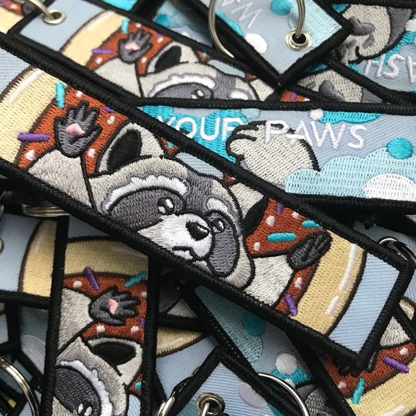 Wash Your Paws - Raccoon -Embroidered Keychain, Raccoon Keychain, Raccoon Embroidery, Animal keychain, Keychain, COVID 19, COVID19, Bye 2020