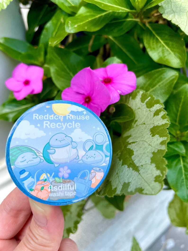 May include: A blue and white washi tape roll with a cartoon turtle and the text "Reduce Reuse Recycle" and "itsdilful washi tape".