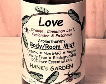 LOVE Aromatherapy Body Room Spray Mist - Orange, Cinnamon Leaf, Coriander & Patchouli - Biodegradable, Organic, Vegan, Cruelty Free